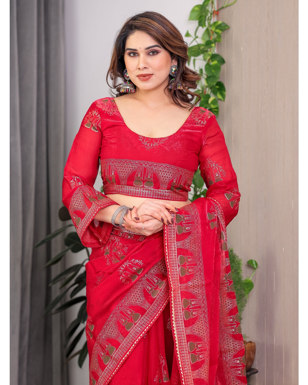 Women's Fendi Satin Silk Block & Foil Print Saree with Traditional Motif Border & Tassel Detail Blouse (Pack of 1)