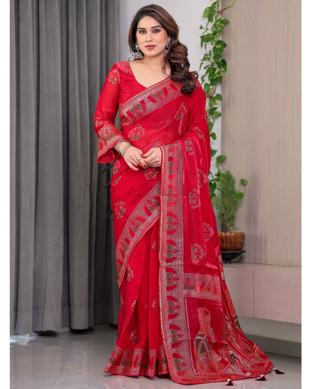 Women's Fendi Satin Silk Block & Foil Print Saree with Traditional Motif Border & Tassel Detail Blouse (Pack of 1)