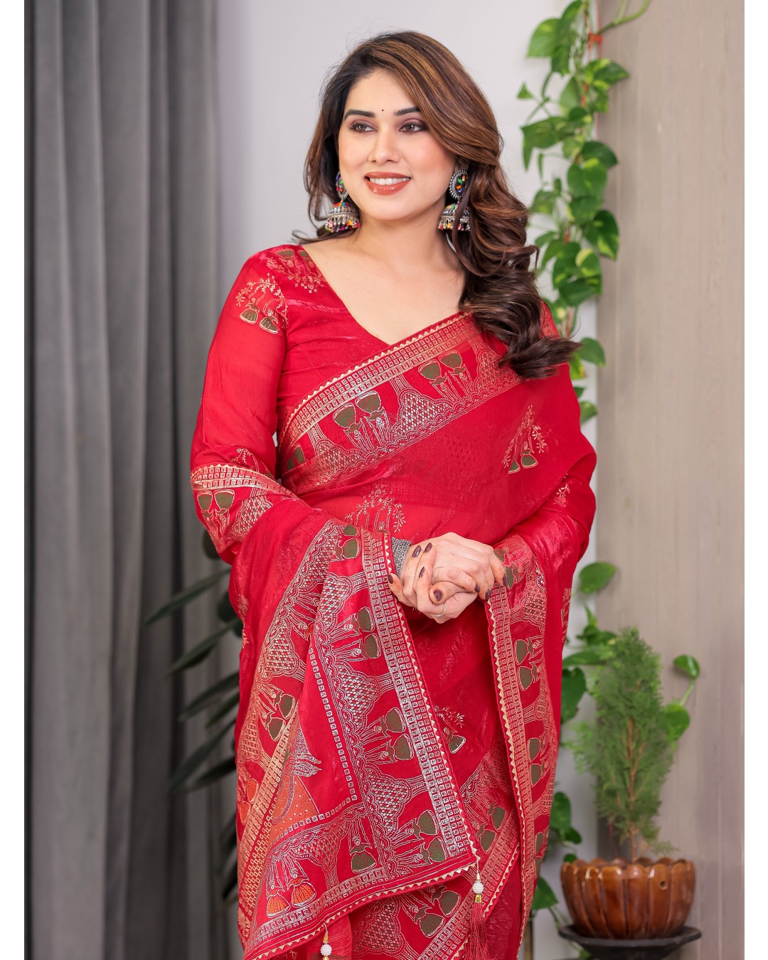 Women's Fendi Satin Silk Block & Foil Print Saree with Traditional Motif Border & Tassel Detail Blouse (Pack of 1)