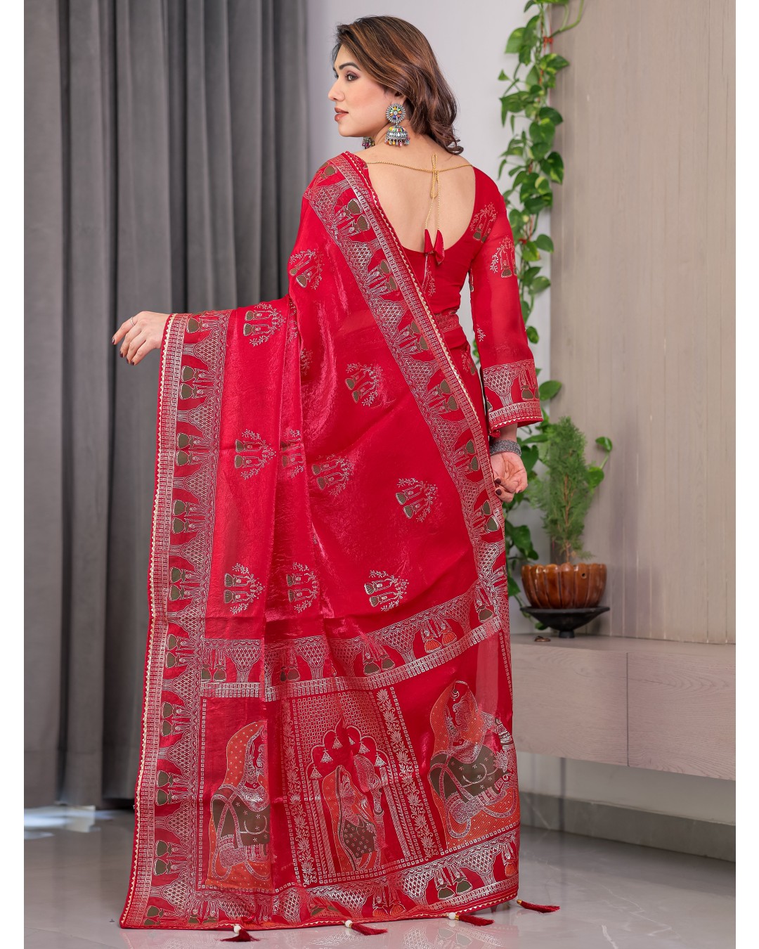 Women's Fendi Satin Silk Block & Foil Print Saree with Traditional Motif Border & Tassel Detail Blouse (Pack of 1)