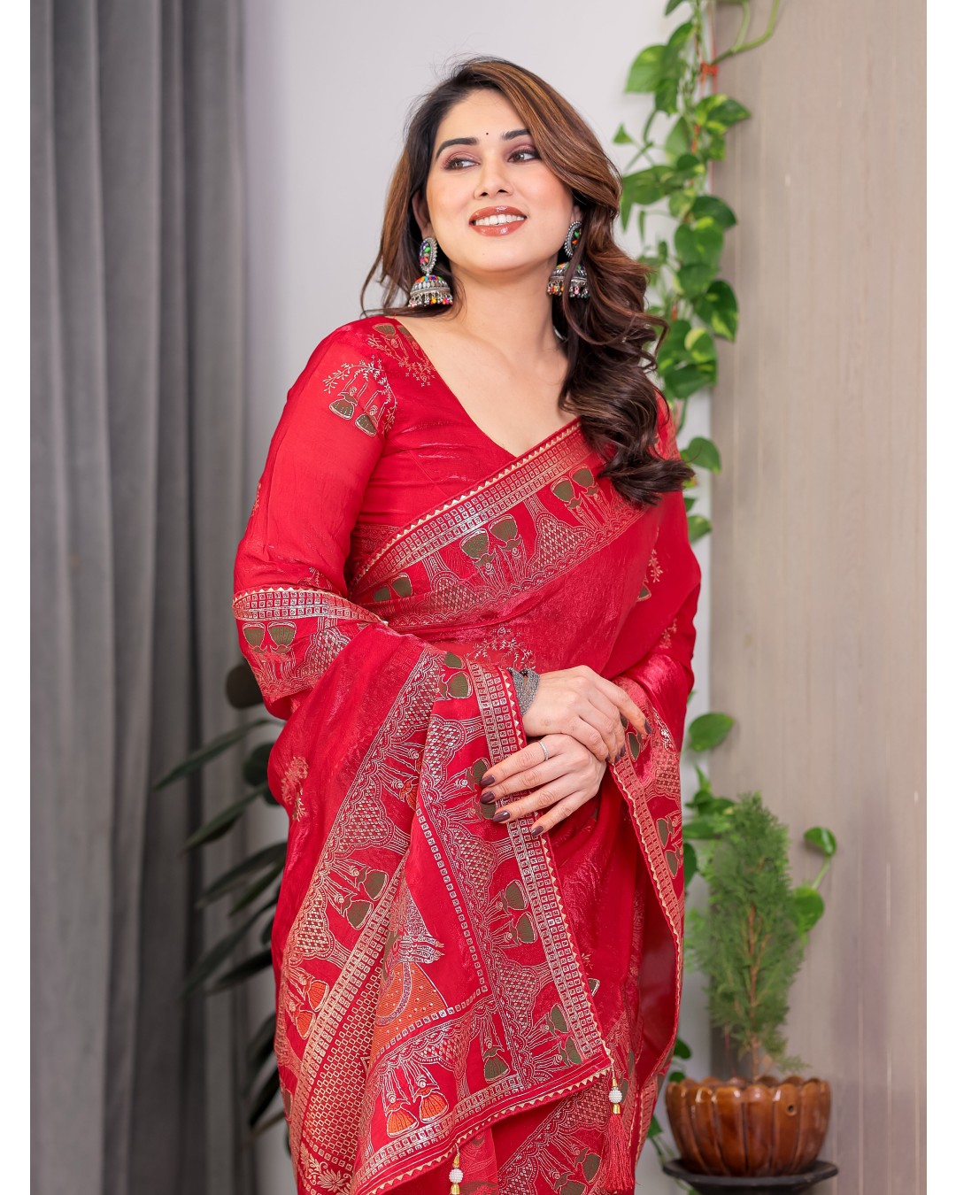 Women's Fendi Satin Silk Block & Foil Print Saree with Traditional Motif Border & Tassel Detail Blouse (Pack of 1)