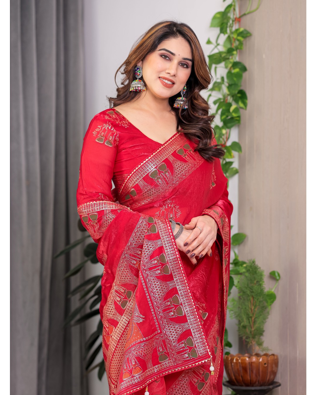 Women's Fendi Satin Silk Block & Foil Print Saree with Traditional Motif Border & Tassel Detail Blouse (Pack of 1)