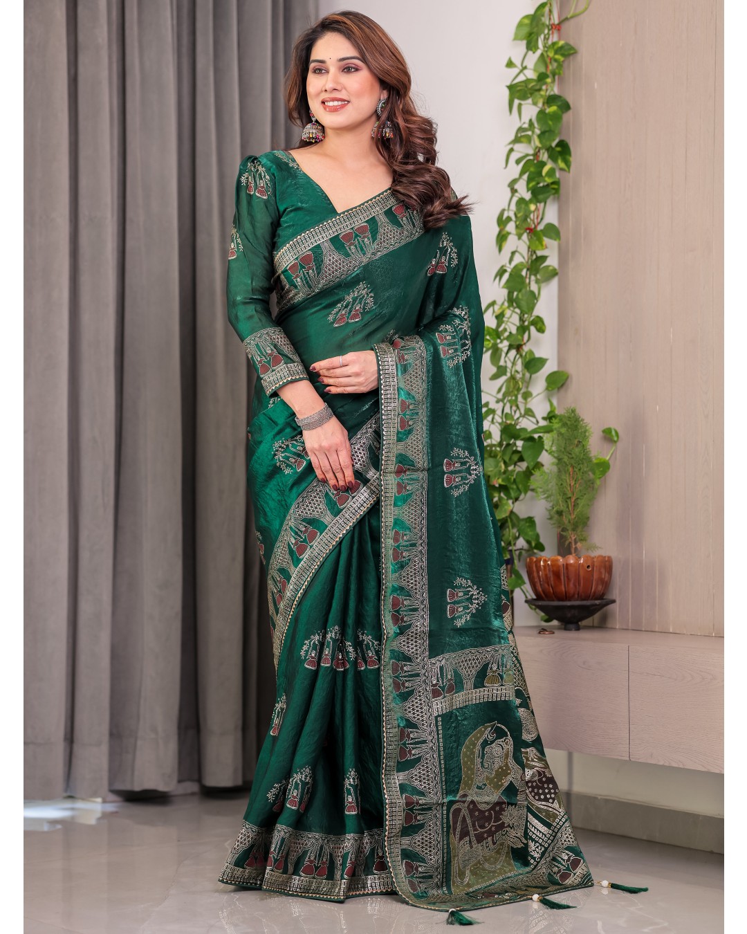 Women's Fendi Satin Silk Block & Foil Print Saree with Traditional Motif Border & Tassel Detail Blouse (Pack of 1)