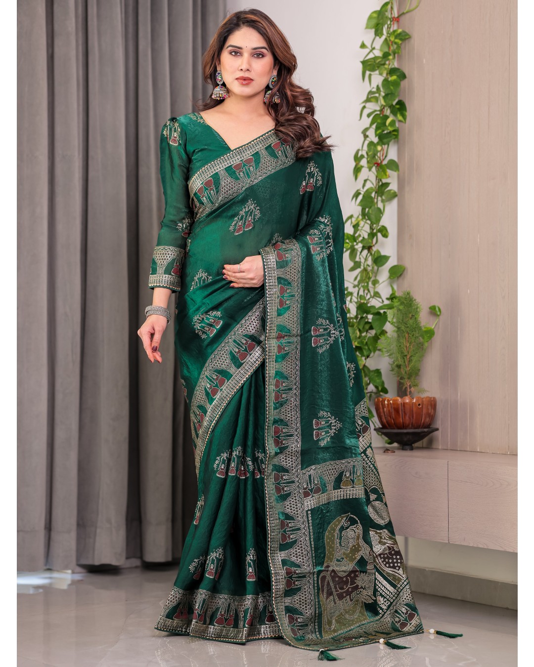 Women's Fendi Satin Silk Block & Foil Print Saree with Traditional Motif Border & Tassel Detail Blouse (Pack of 1)