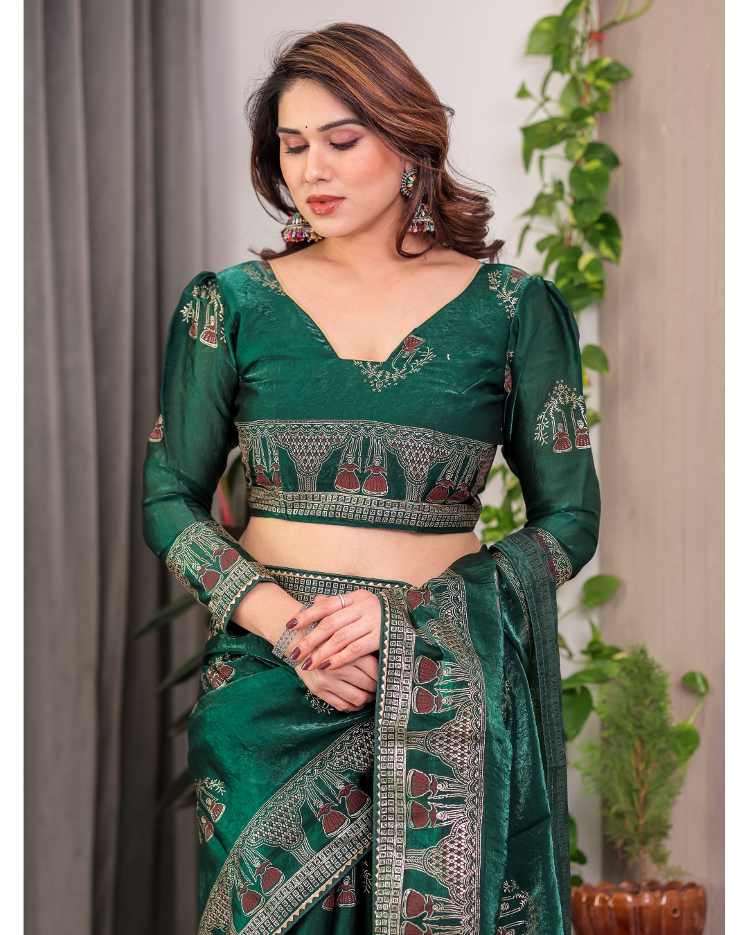 Women's Fendi Satin Silk Block & Foil Print Saree with Traditional Motif Border & Tassel Detail Blouse (Pack of 1)