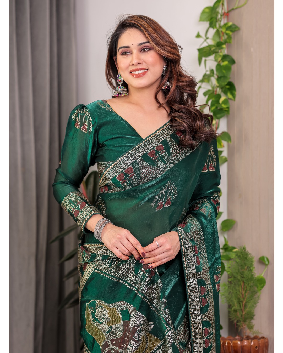 Women's Fendi Satin Silk Block & Foil Print Saree with Traditional Motif Border & Tassel Detail Blouse (Pack of 1)