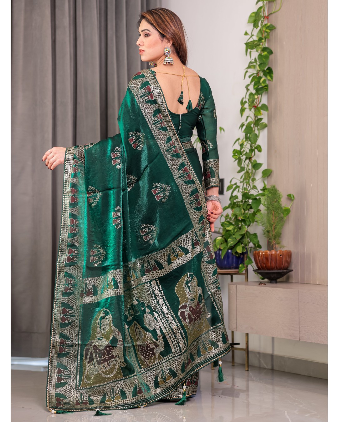 Women's Fendi Satin Silk Block & Foil Print Saree with Traditional Motif Border & Tassel Detail Blouse (Pack of 1)