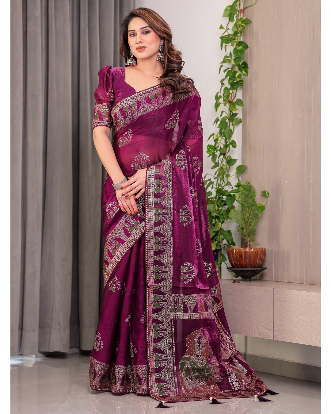 Women's Fendi Satin Silk Block & Foil Print Saree with Traditional Motif Border & Tassel Detail Blouse (Pack of 1)