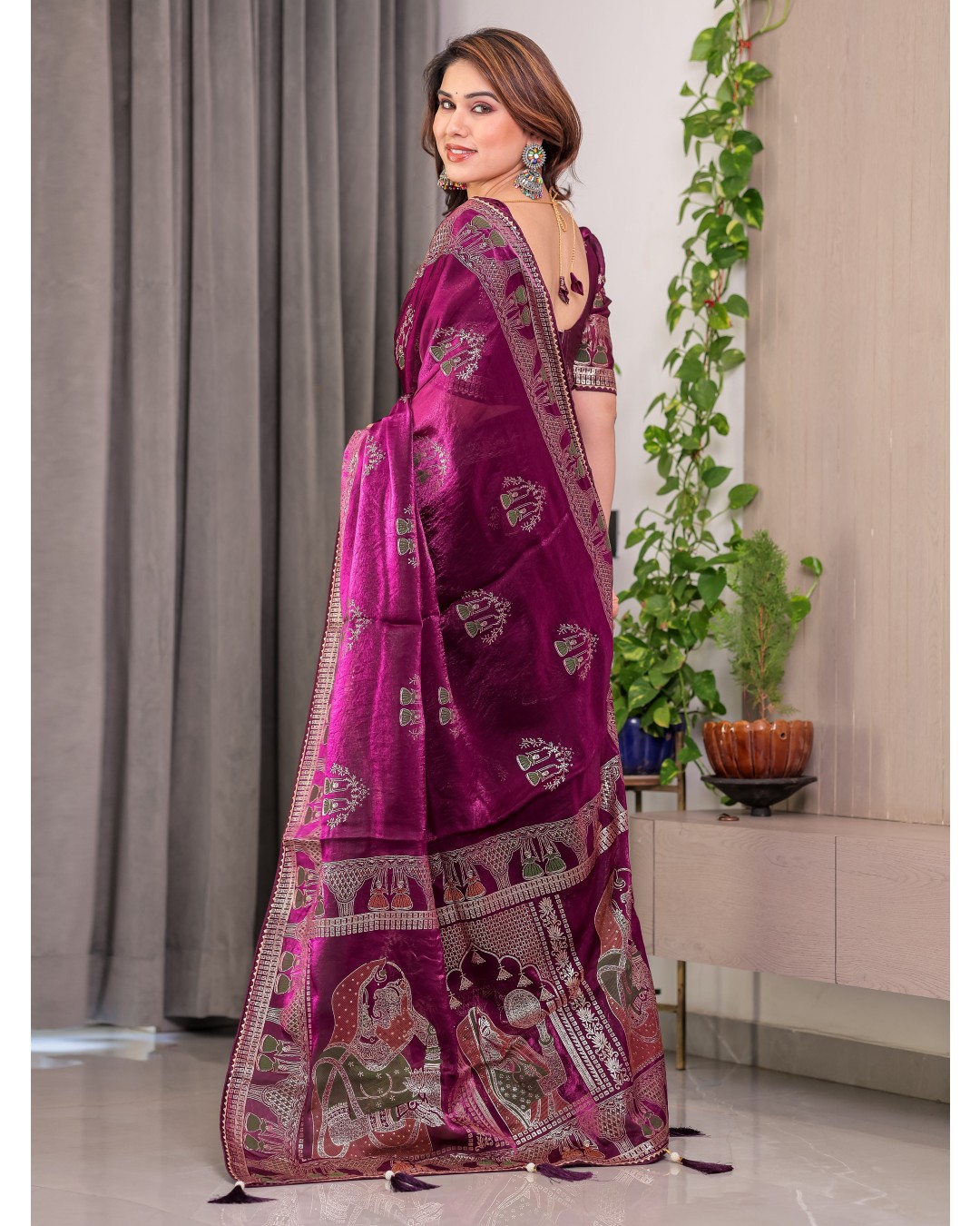 Women's Fendi Satin Silk Block & Foil Print Saree with Traditional Motif Border & Tassel Detail Blouse (Pack of 1)