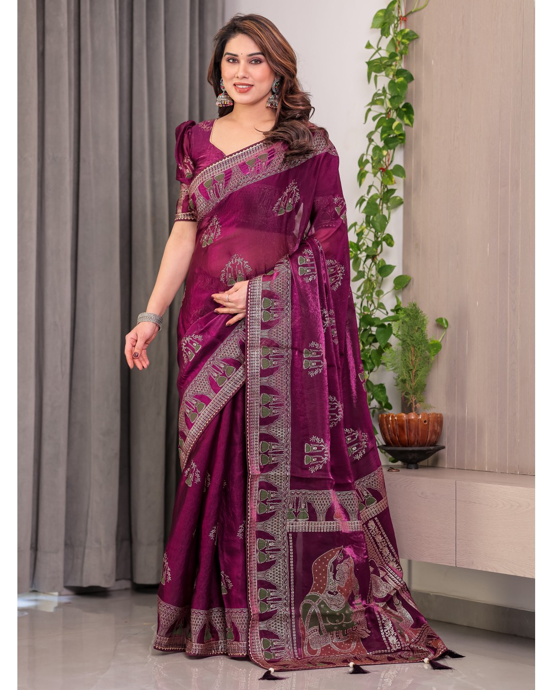 Women's Fendi Satin Silk Block & Foil Print Saree with Traditional Motif Border & Tassel Detail Blouse (Pack of 1)