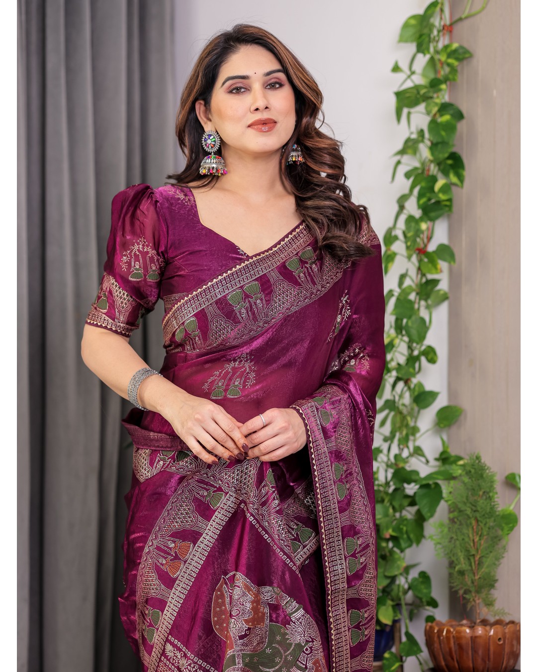 Women's Fendi Satin Silk Block & Foil Print Saree with Traditional Motif Border & Tassel Detail Blouse (Pack of 1)