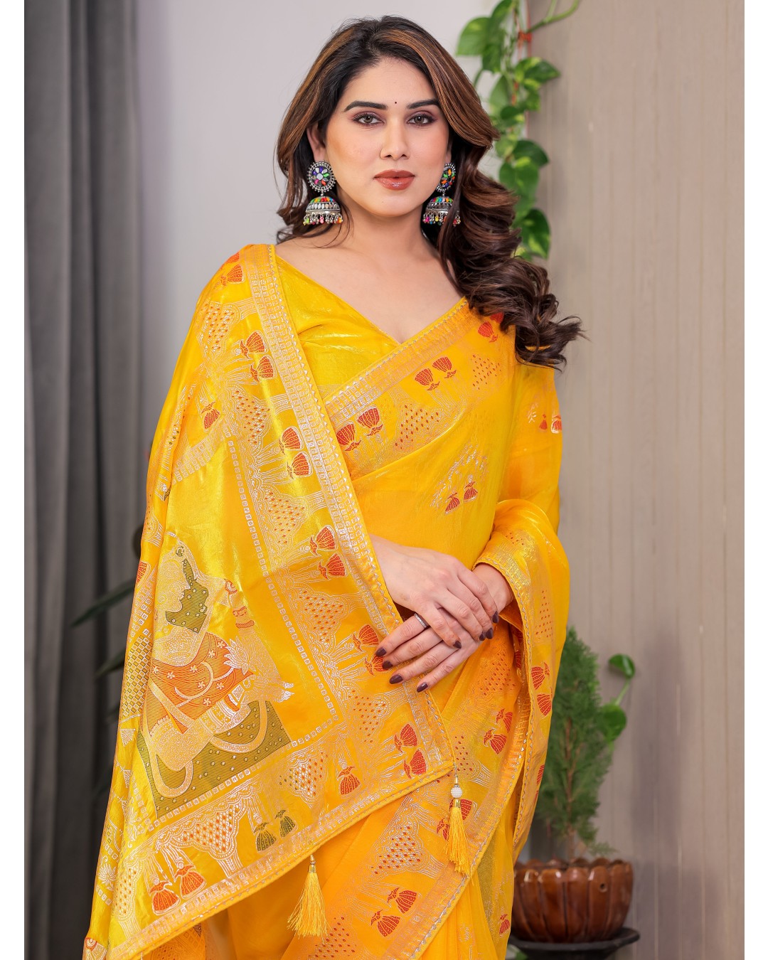 Women's Fendi Satin Silk Block & Foil Print Saree with Traditional Motif Border & Tassel Detail Blouse (Pack of 1)