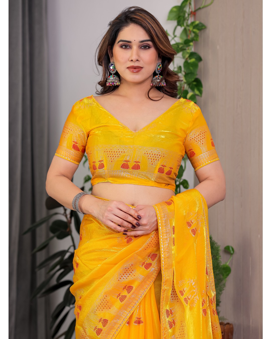 Women's Fendi Satin Silk Block & Foil Print Saree with Traditional Motif Border & Tassel Detail Blouse (Pack of 1)