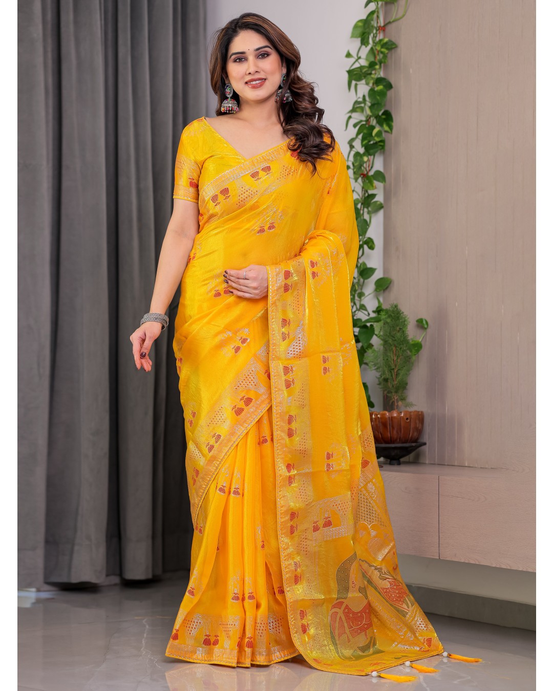 Women's Fendi Satin Silk Block & Foil Print Saree with Traditional Motif Border & Tassel Detail Blouse (Pack of 1)