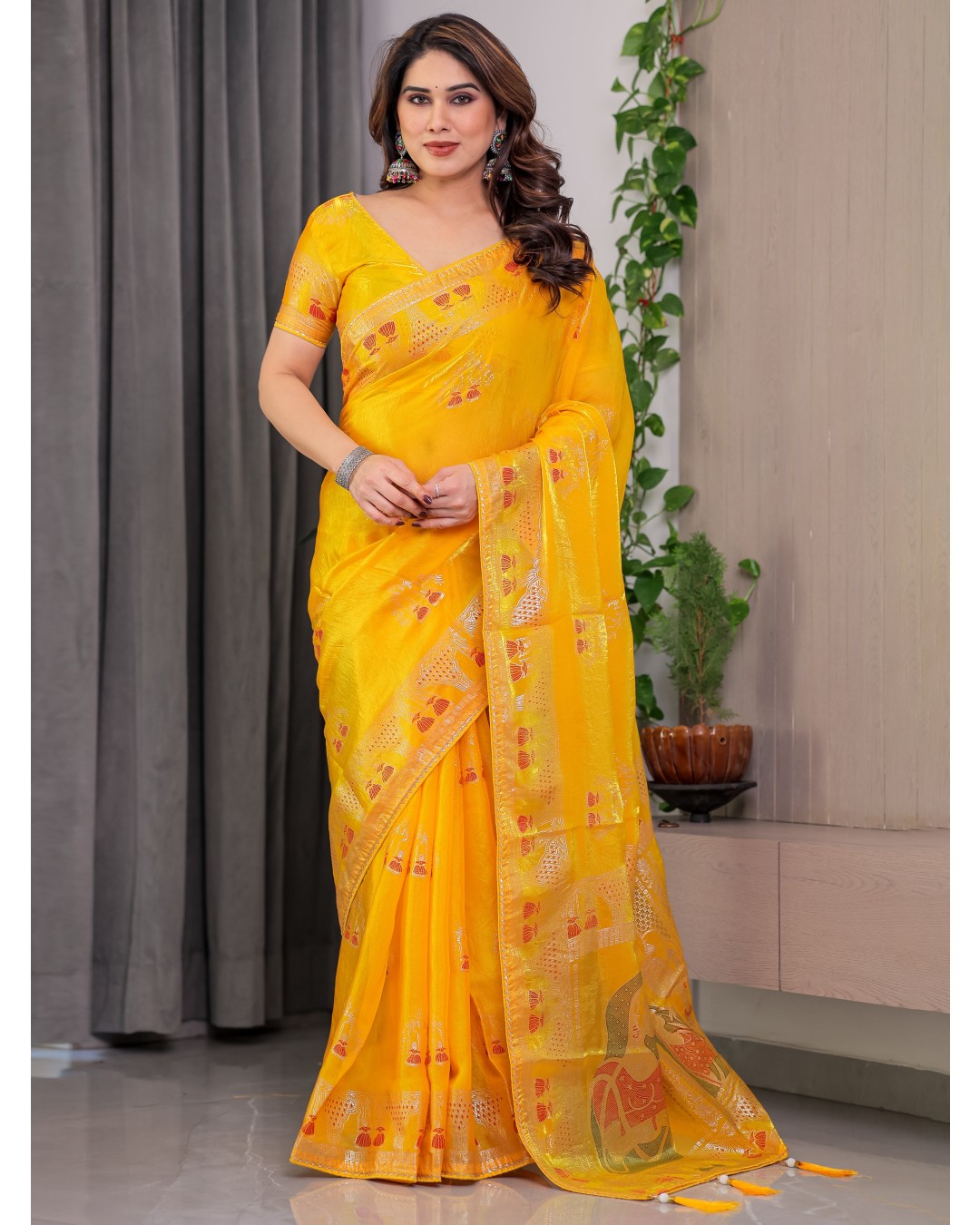 Women's Fendi Satin Silk Block & Foil Print Saree with Traditional Motif Border & Tassel Detail Blouse (Pack of 1)