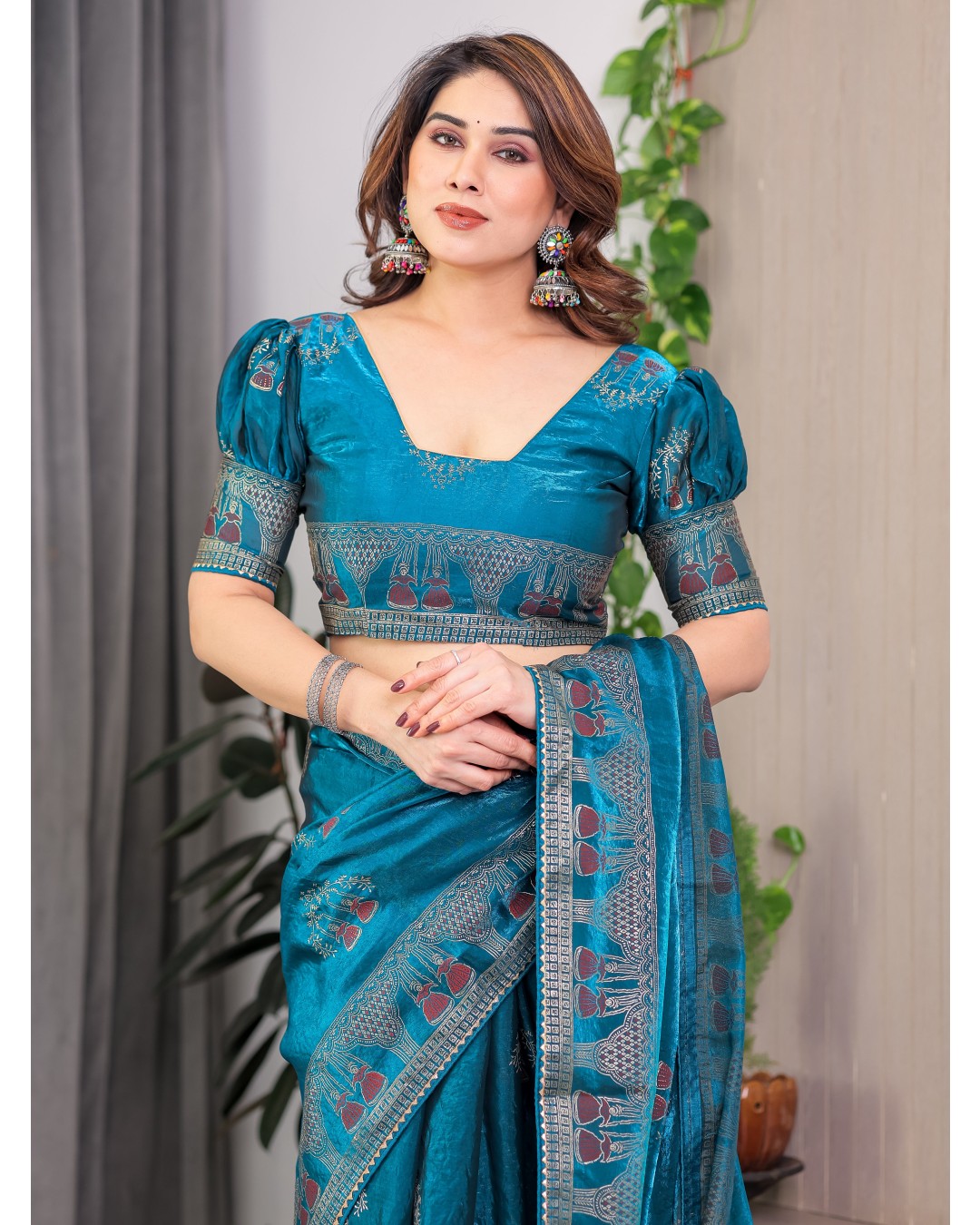 Women's Fendi Satin Silk Block & Foil Print Saree with Traditional Motif Border & Tassel Detail Blouse (Pack of 1)