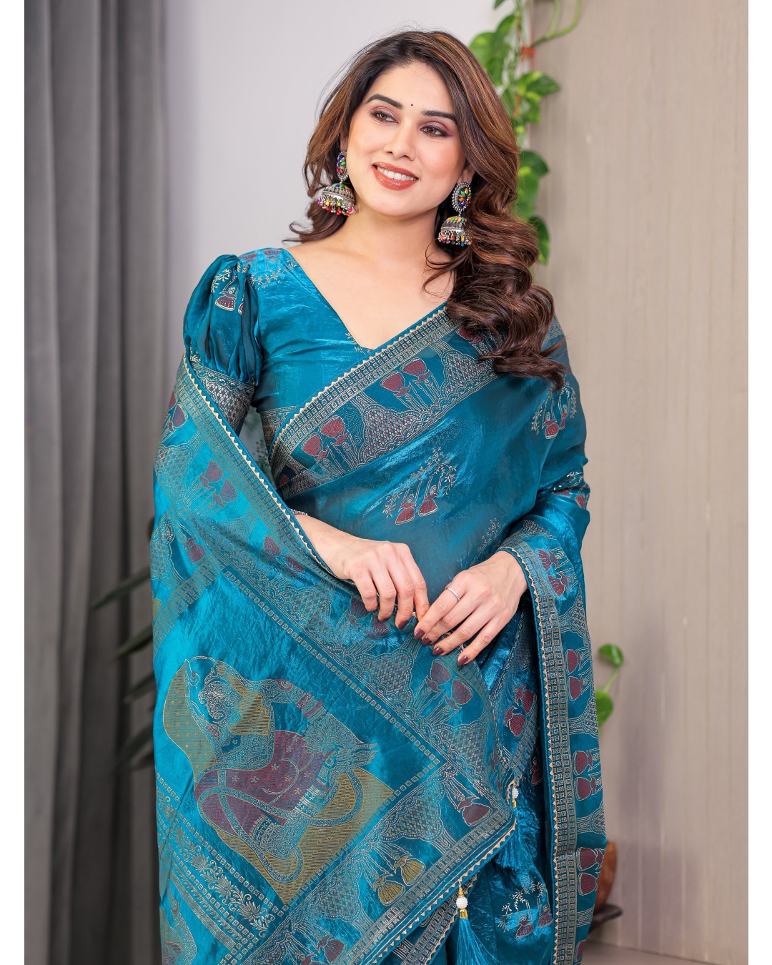 Women's Fendi Satin Silk Block & Foil Print Saree with Traditional Motif Border & Tassel Detail Blouse (Pack of 1)