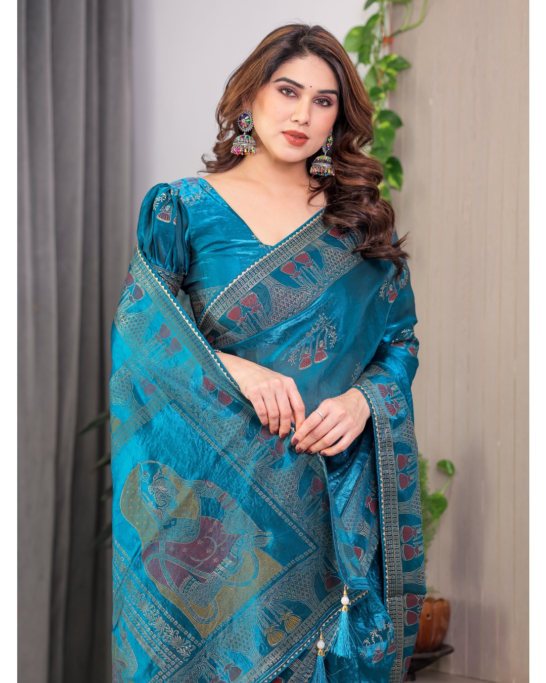 Women's Fendi Satin Silk Block & Foil Print Saree with Traditional Motif Border & Tassel Detail Blouse (Pack of 1)