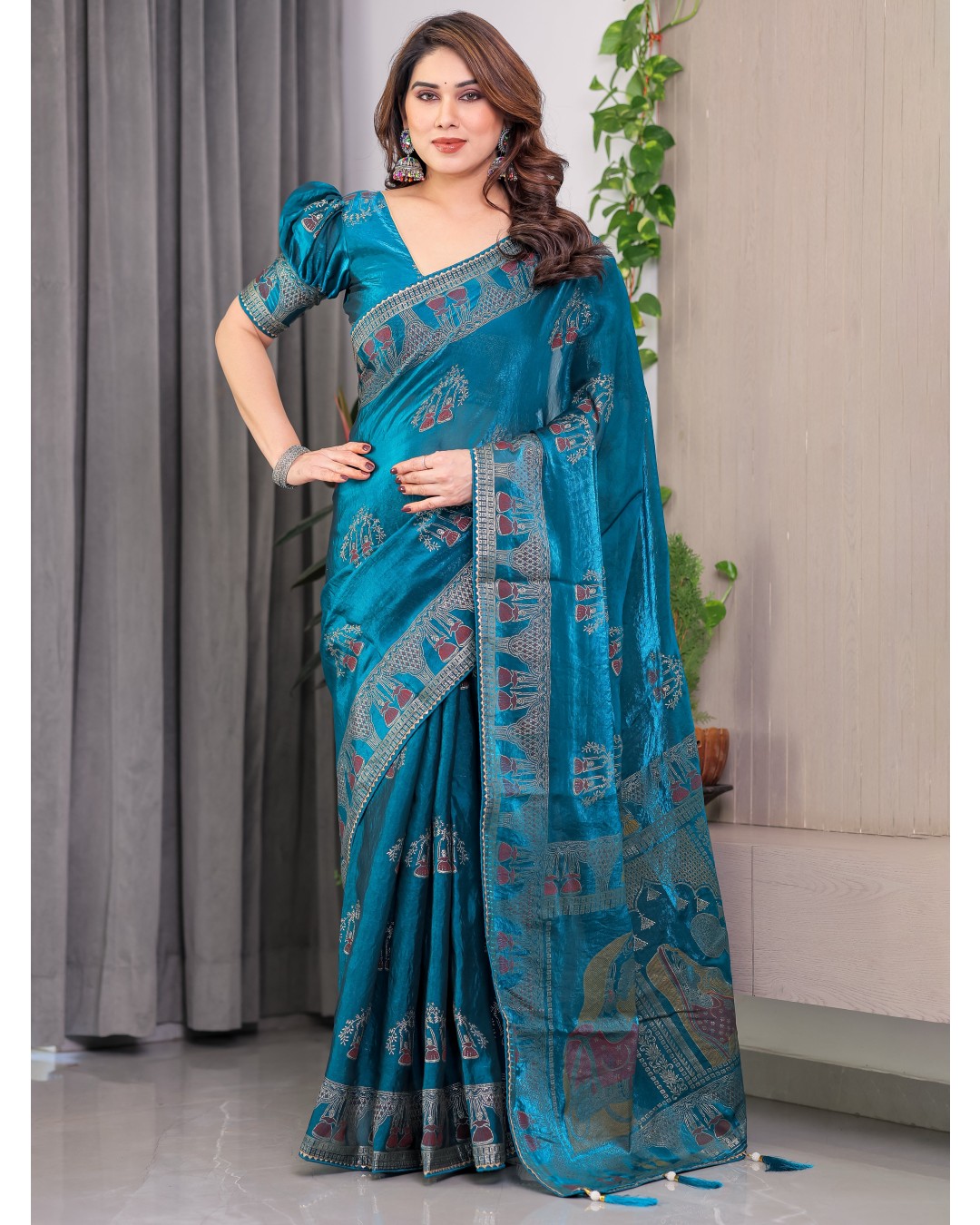 Women's Fendi Satin Silk Block & Foil Print Saree with Traditional Motif Border & Tassel Detail Blouse (Pack of 1)