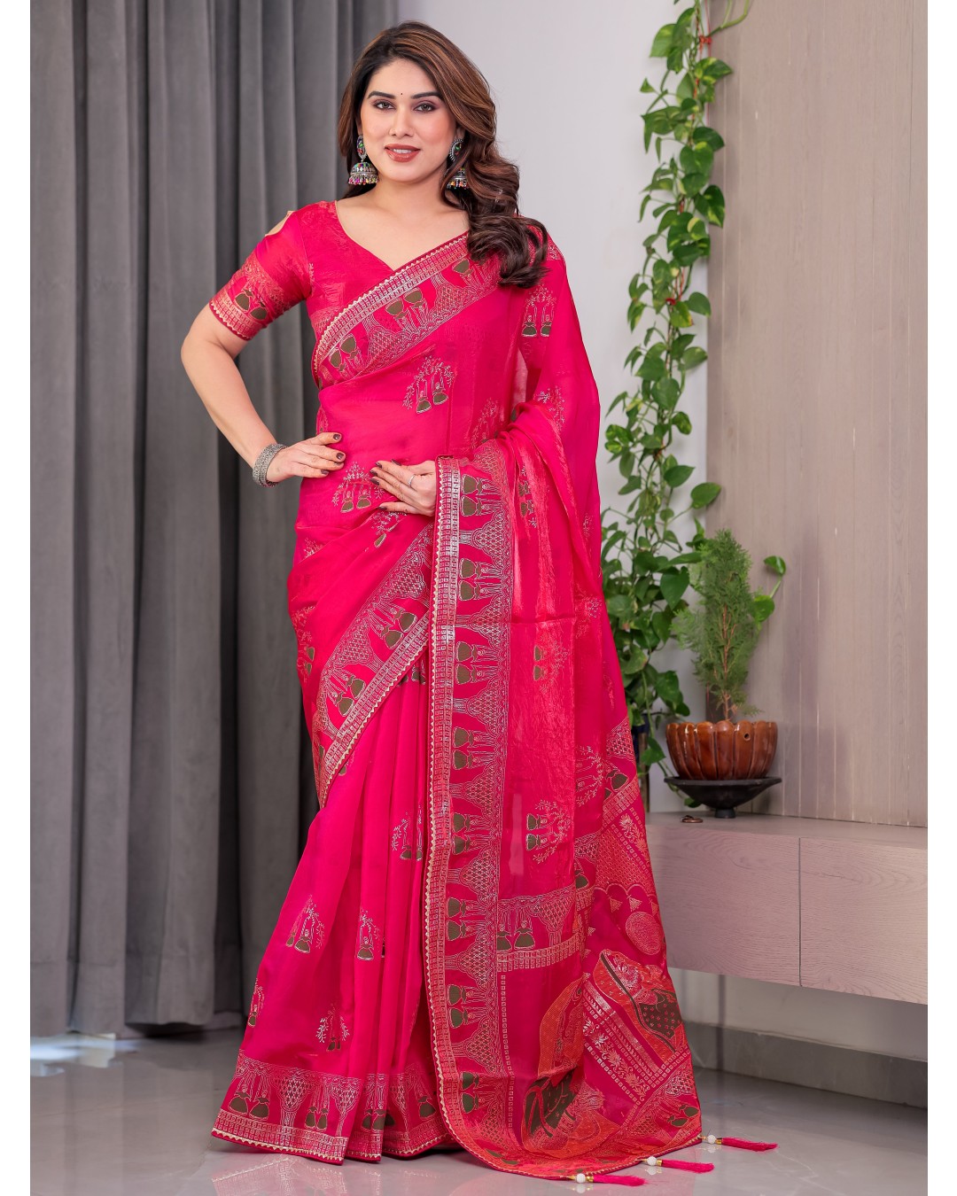 Women's Fendi Satin Silk Block & Foil Print Saree with Traditional Motif Border & Tassel Detail Blouse (Pack of 1)