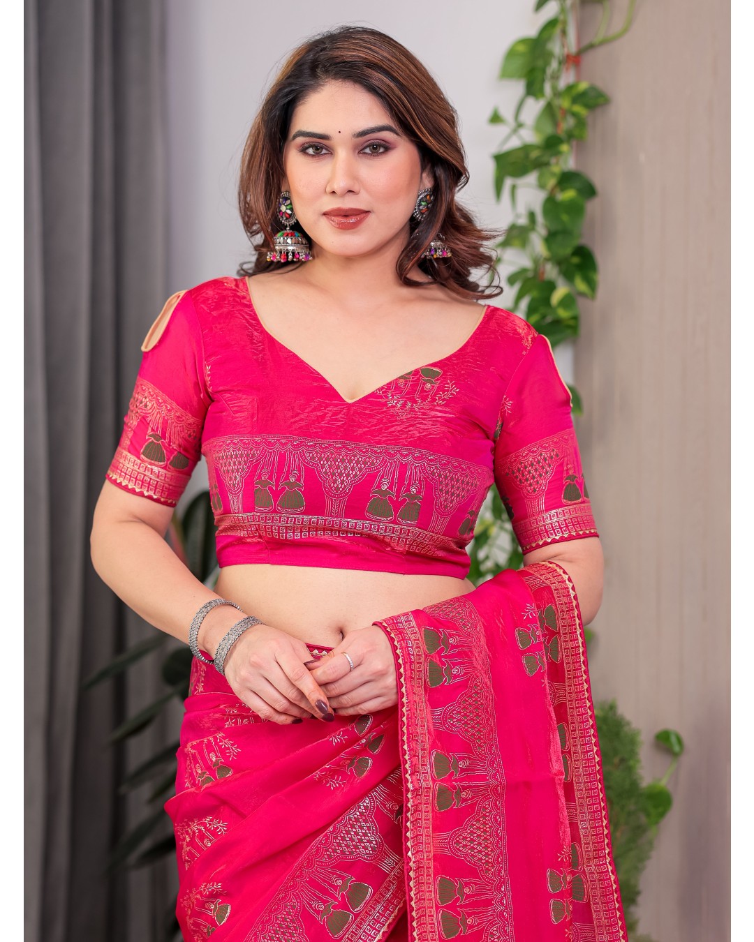 Women's Fendi Satin Silk Block & Foil Print Saree with Traditional Motif Border & Tassel Detail Blouse (Pack of 1)