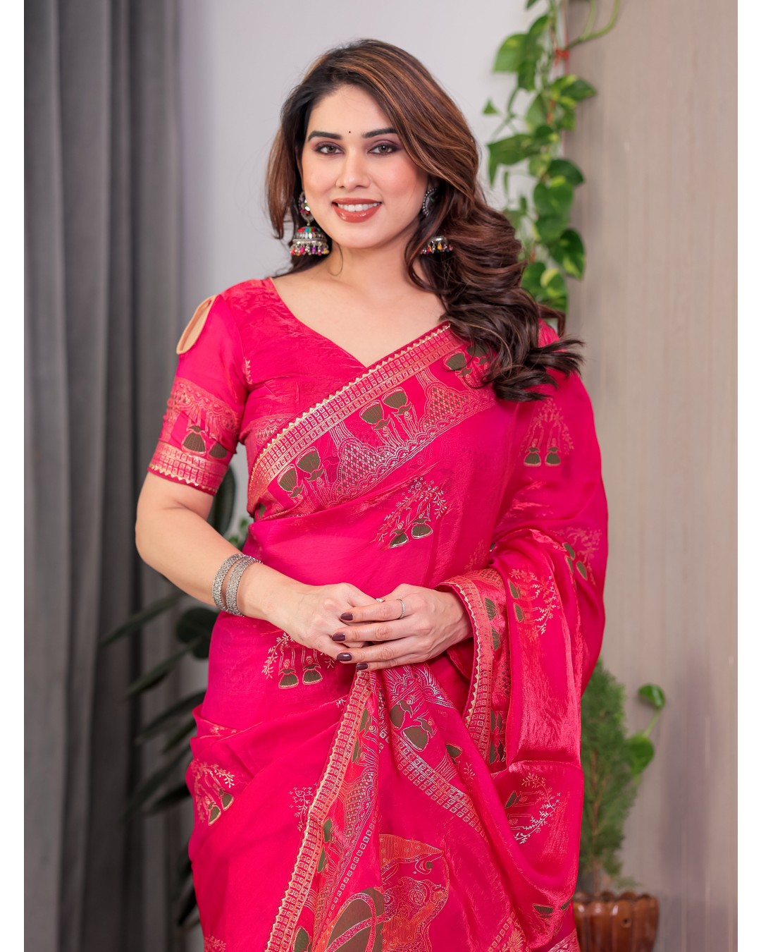 Women's Fendi Satin Silk Block & Foil Print Saree with Traditional Motif Border & Tassel Detail Blouse (Pack of 1)