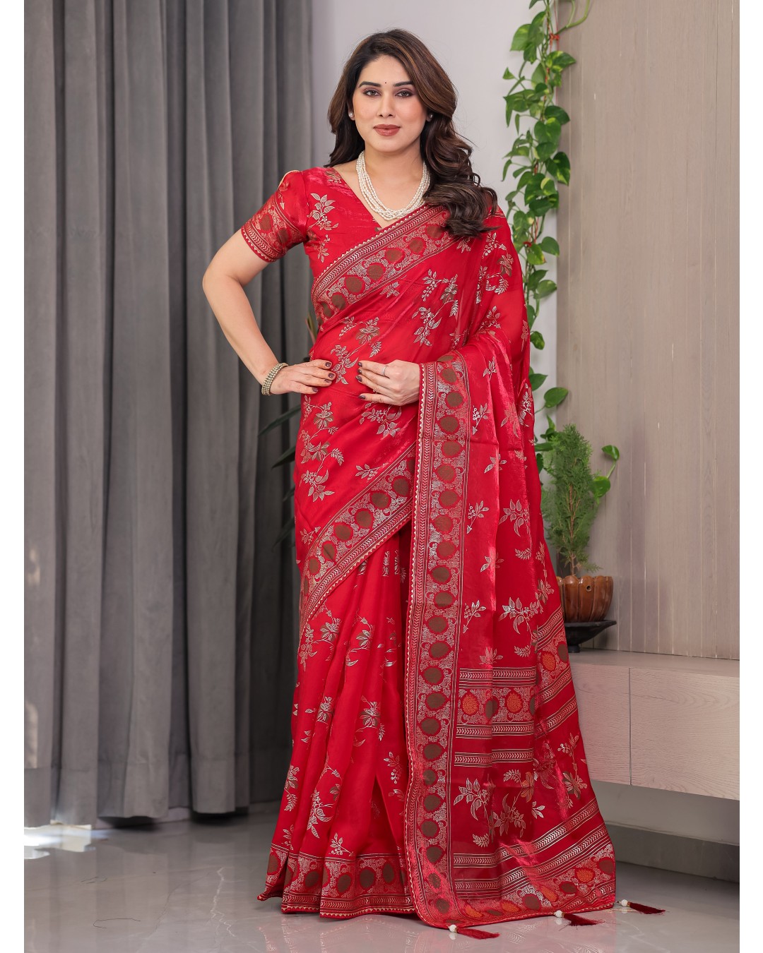 Fendi Satin Block & Foil Print Saree with Floral Motifs, Attached Blouse & Tassel Pallu (Pack of 1)