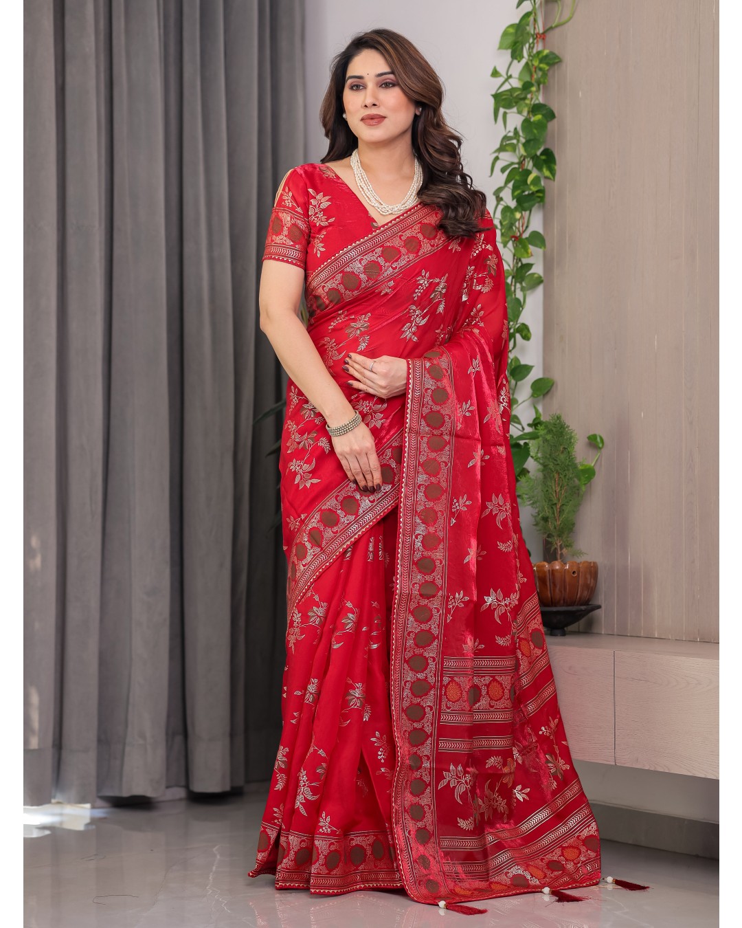 Fendi Satin Block & Foil Print Saree with Floral Motifs, Attached Blouse & Tassel Pallu (Pack of 1)