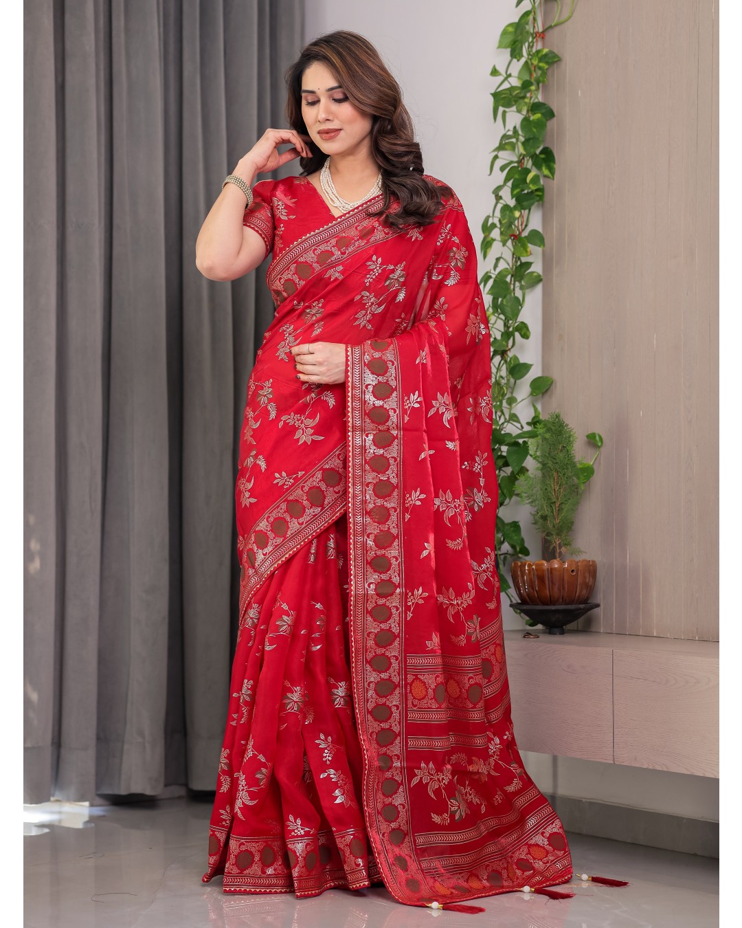 Fendi Satin Block & Foil Print Saree with Floral Motifs, Attached Blouse & Tassel Pallu (Pack of 1)