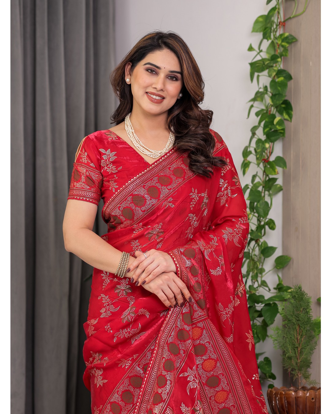 Fendi Satin Block & Foil Print Saree with Floral Motifs, Attached Blouse & Tassel Pallu (Pack of 1)