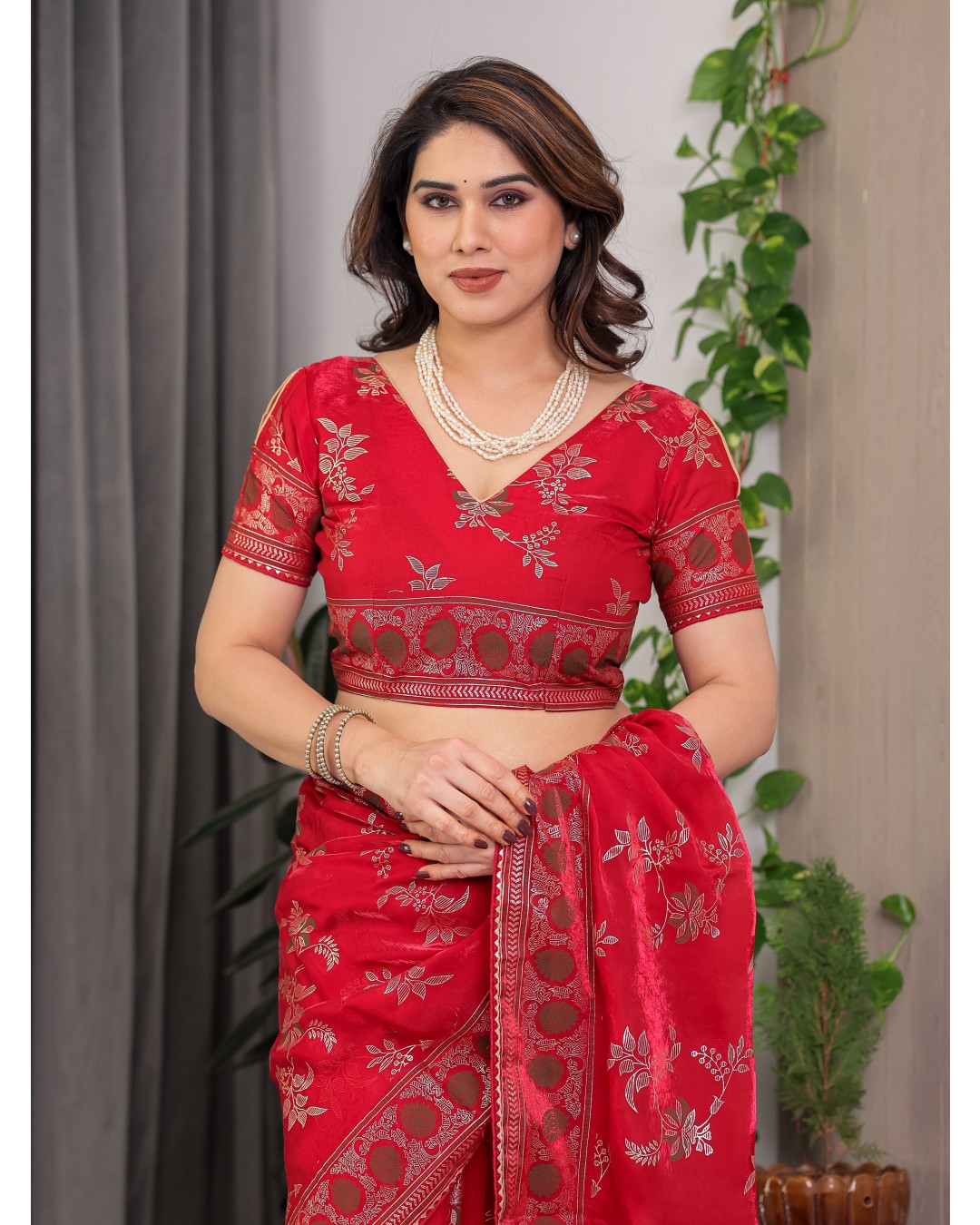 Fendi Satin Block & Foil Print Saree with Floral Motifs, Attached Blouse & Tassel Pallu (Pack of 1)