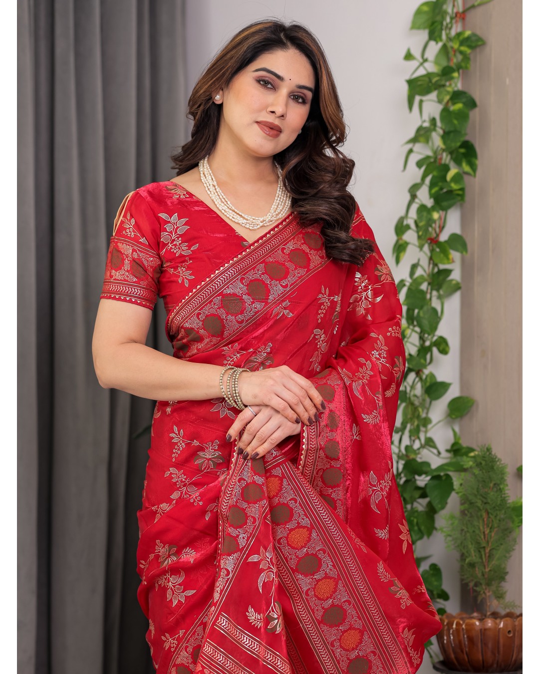 Fendi Satin Block & Foil Print Saree with Floral Motifs, Attached Blouse & Tassel Pallu (Pack of 1)