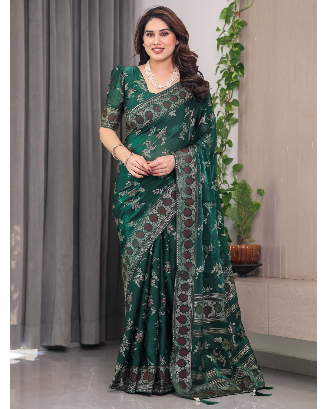 Fendi Satin Block & Foil Print Saree with Floral Motifs, Attached Blouse & Tassel Pallu (Pack of 1)