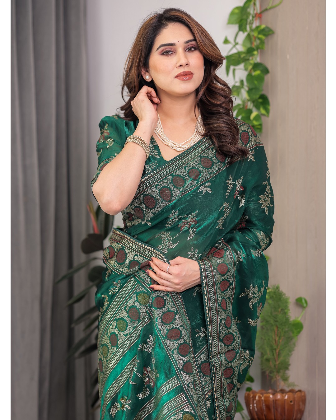 Fendi Satin Block & Foil Print Saree with Floral Motifs, Attached Blouse & Tassel Pallu (Pack of 1)