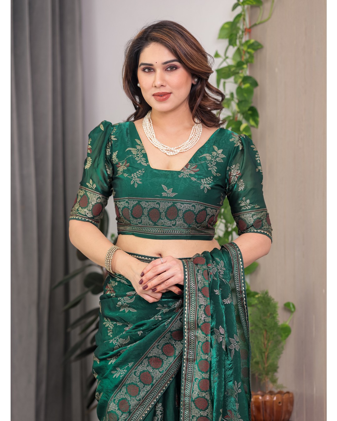 Fendi Satin Block & Foil Print Saree with Floral Motifs, Attached Blouse & Tassel Pallu (Pack of 1)