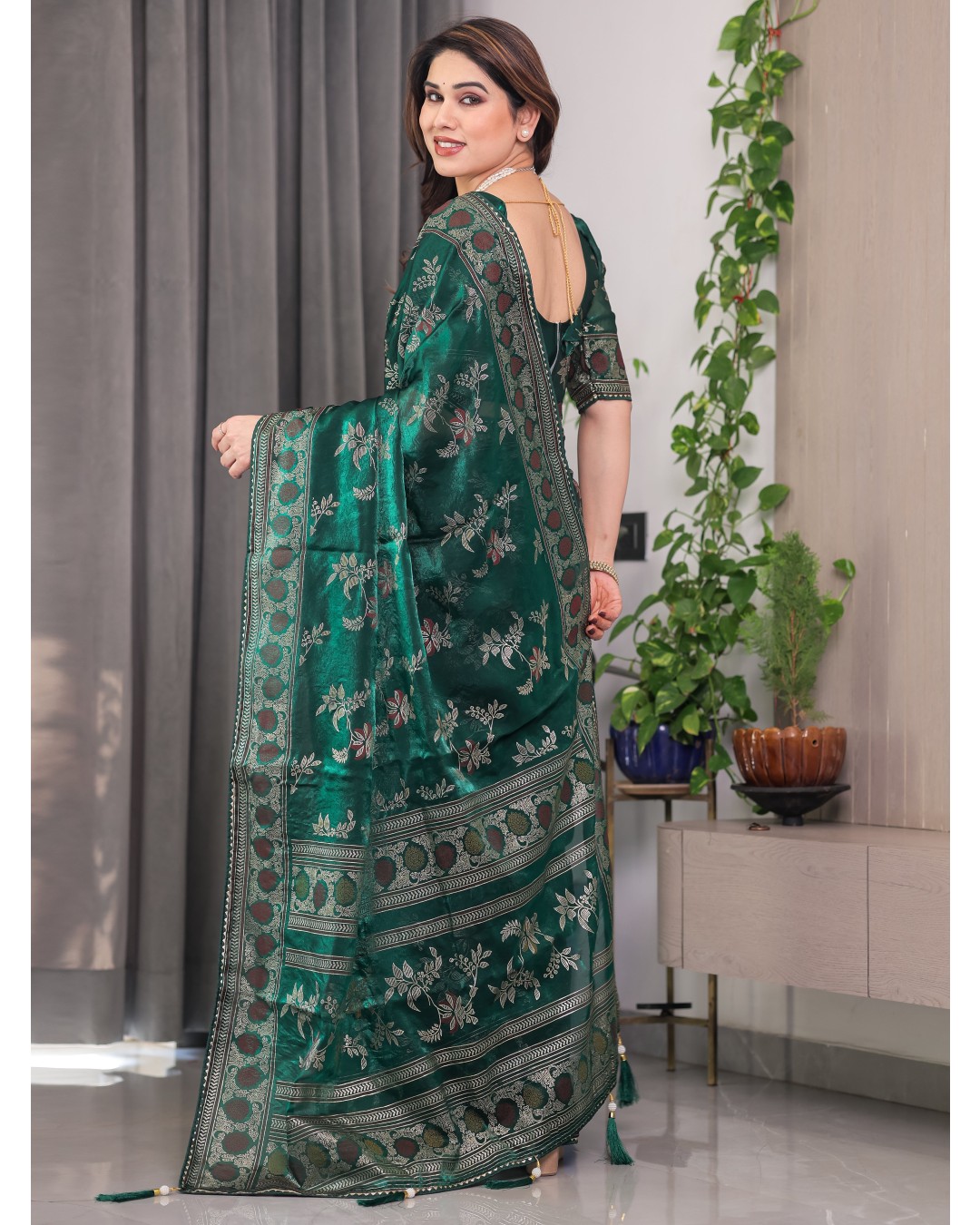 Fendi Satin Block & Foil Print Saree with Floral Motifs, Attached Blouse & Tassel Pallu (Pack of 1)