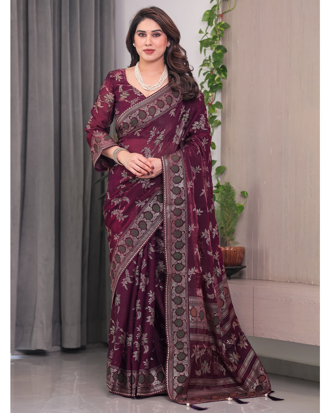 Fendi Satin Block & Foil Print Saree with Floral Motifs, Attached Blouse & Tassel Pallu (Pack of 1)