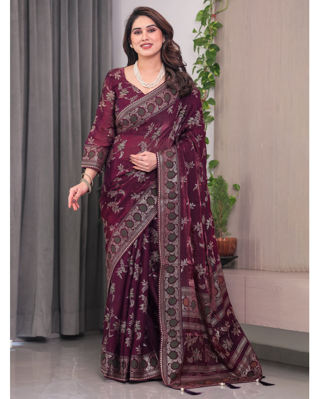 Fendi Satin Block & Foil Print Saree with Floral Motifs, Attached Blouse & Tassel Pallu (Pack of 1)