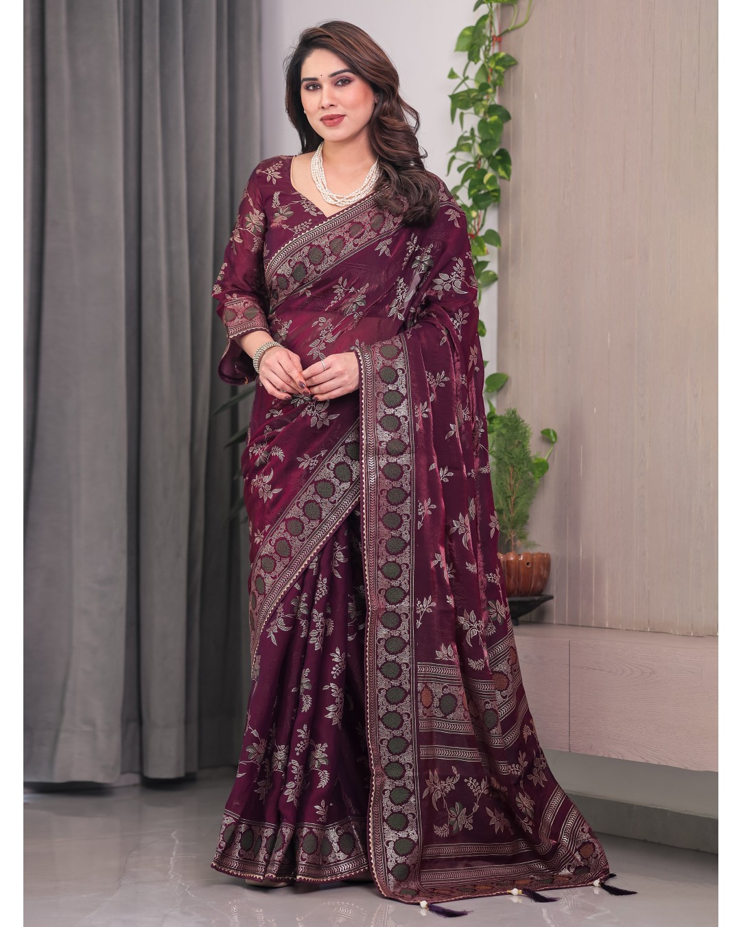 Fendi Satin Block & Foil Print Saree with Floral Motifs, Attached Blouse & Tassel Pallu (Pack of 1)