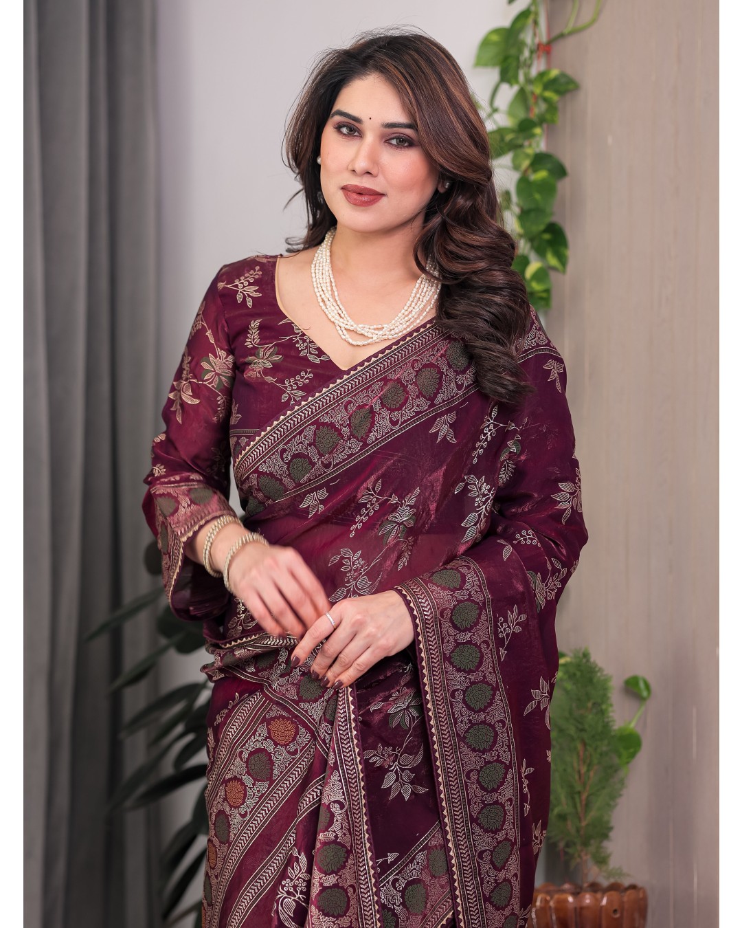 Fendi Satin Block & Foil Print Saree with Floral Motifs, Attached Blouse & Tassel Pallu (Pack of 1)