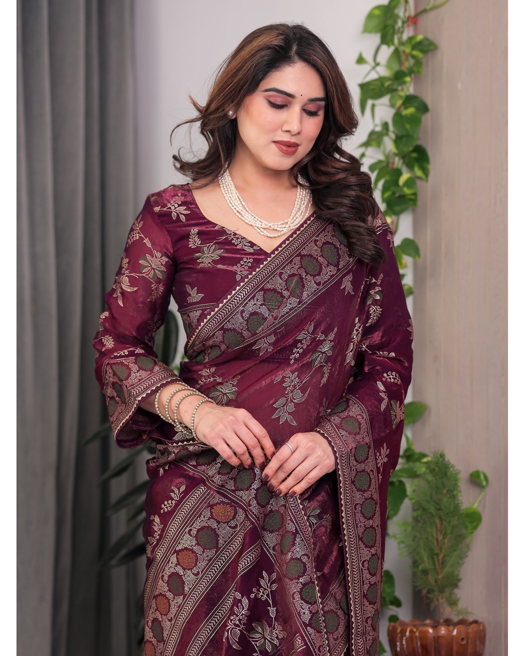 Fendi Satin Block & Foil Print Saree with Floral Motifs, Attached Blouse & Tassel Pallu (Pack of 1)