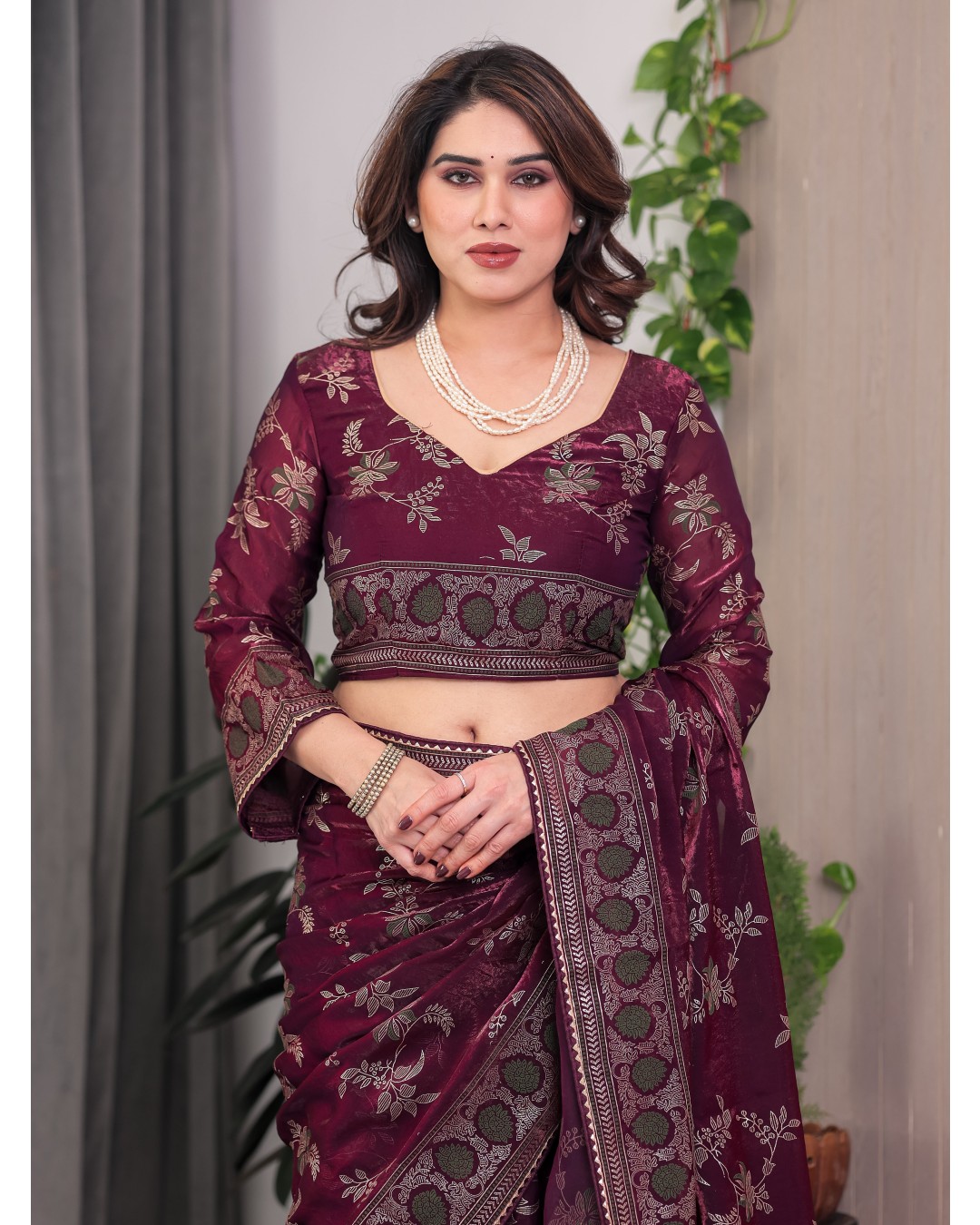 Fendi Satin Block & Foil Print Saree with Floral Motifs, Attached Blouse & Tassel Pallu (Pack of 1)