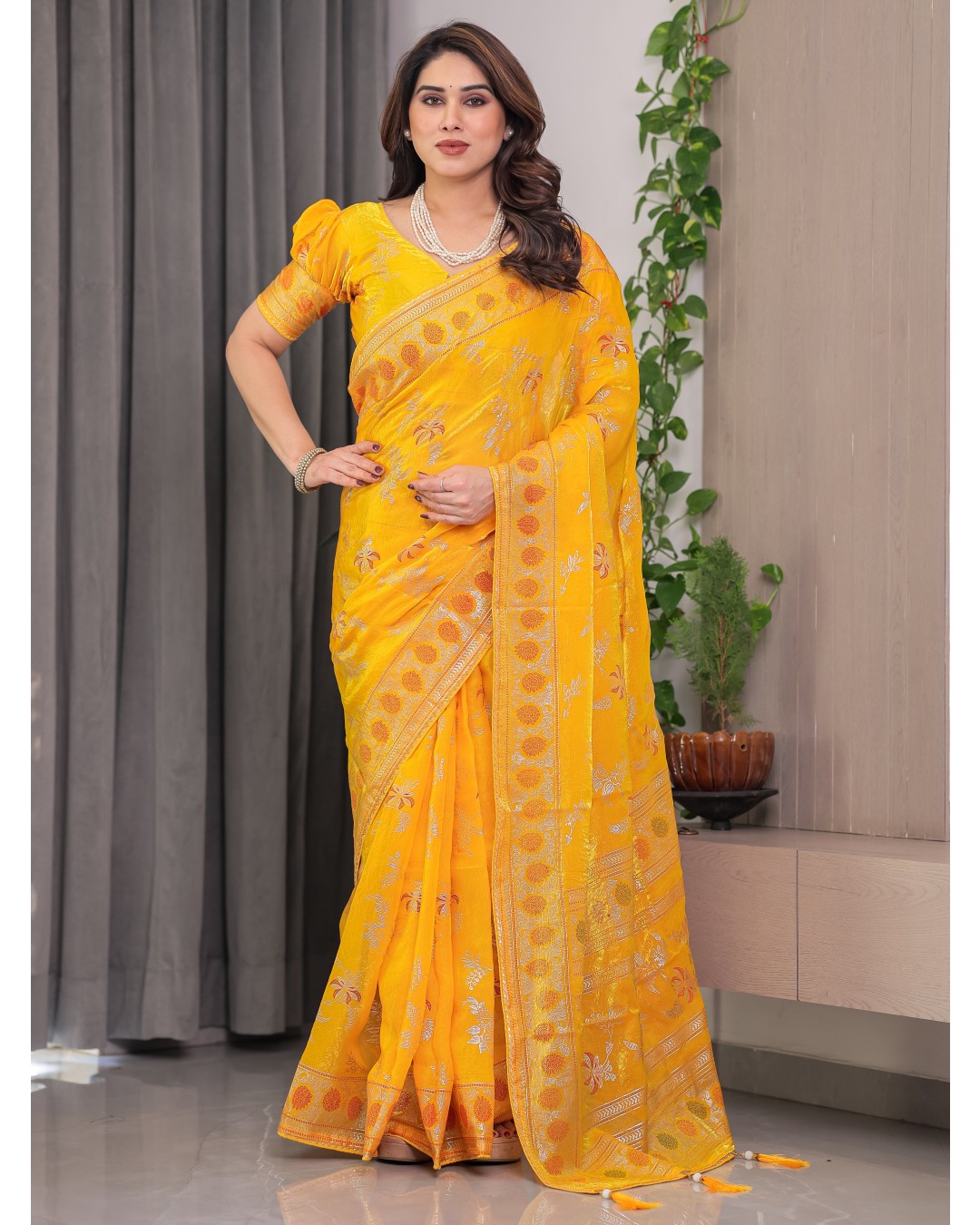 Fendi Satin Block & Foil Print Saree with Floral Motifs, Attached Blouse & Tassel Pallu (Pack of 1)