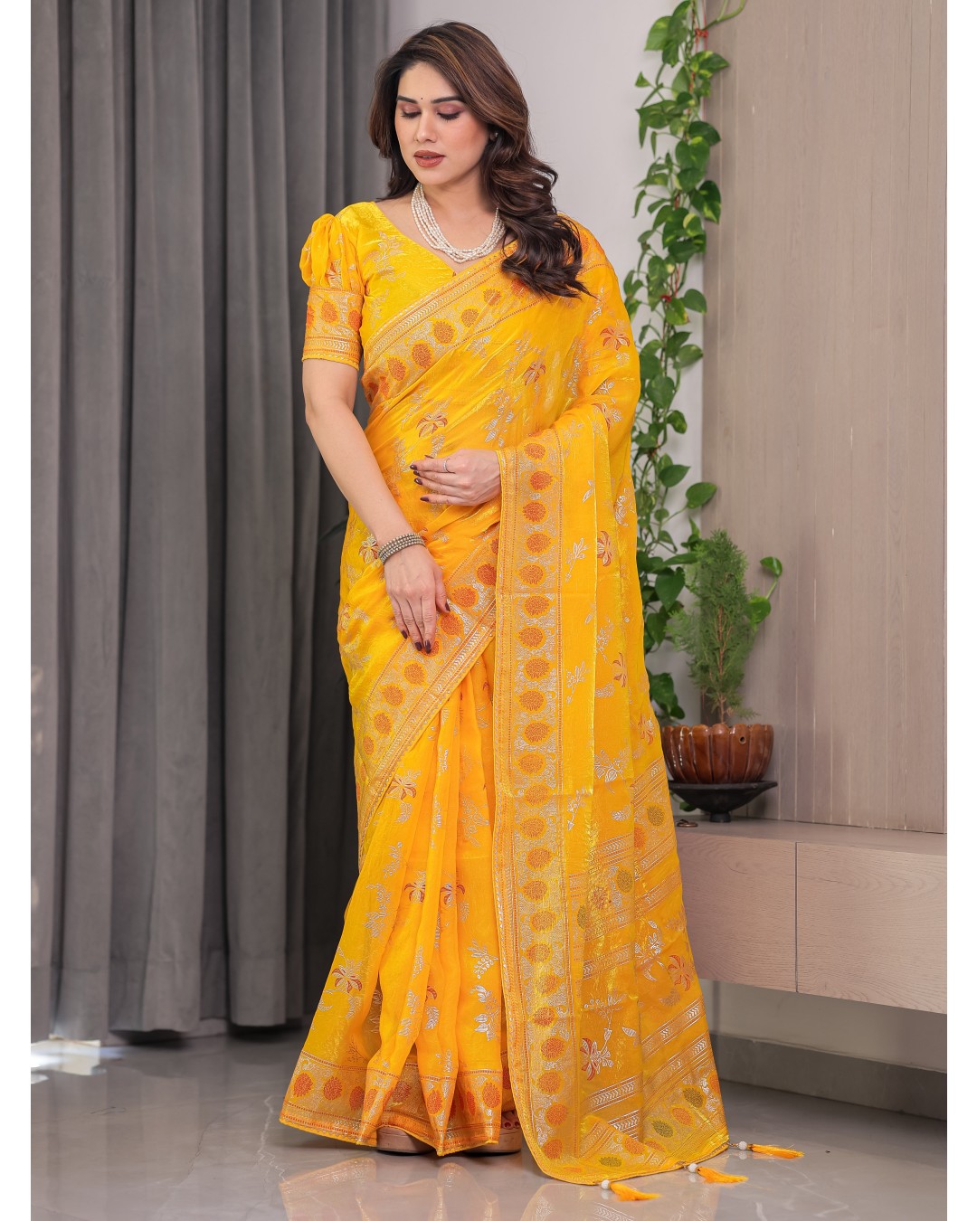 Fendi Satin Block & Foil Print Saree with Floral Motifs, Attached Blouse & Tassel Pallu (Pack of 1)