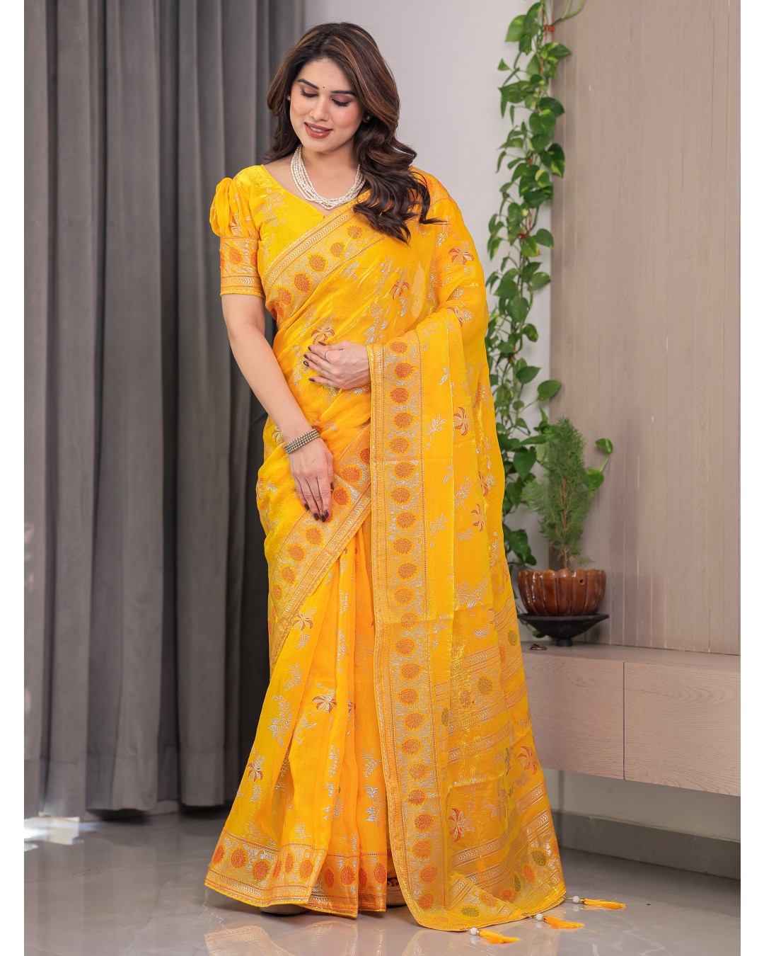 Fendi Satin Block & Foil Print Saree with Floral Motifs, Attached Blouse & Tassel Pallu (Pack of 1)