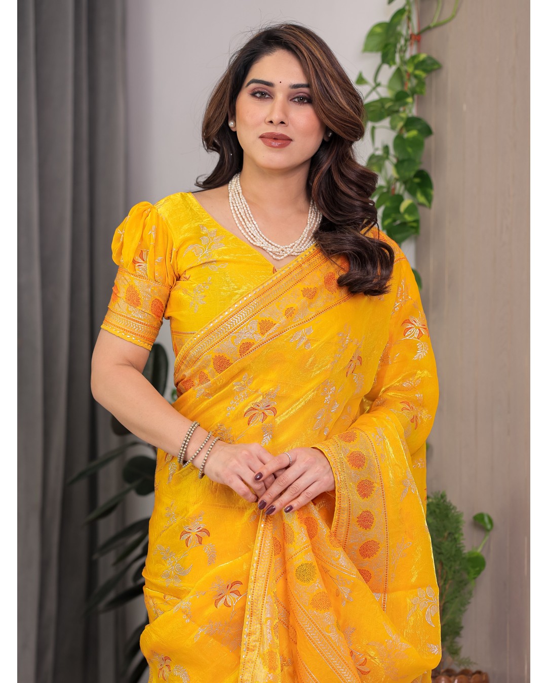 Fendi Satin Block & Foil Print Saree with Floral Motifs, Attached Blouse & Tassel Pallu (Pack of 1)