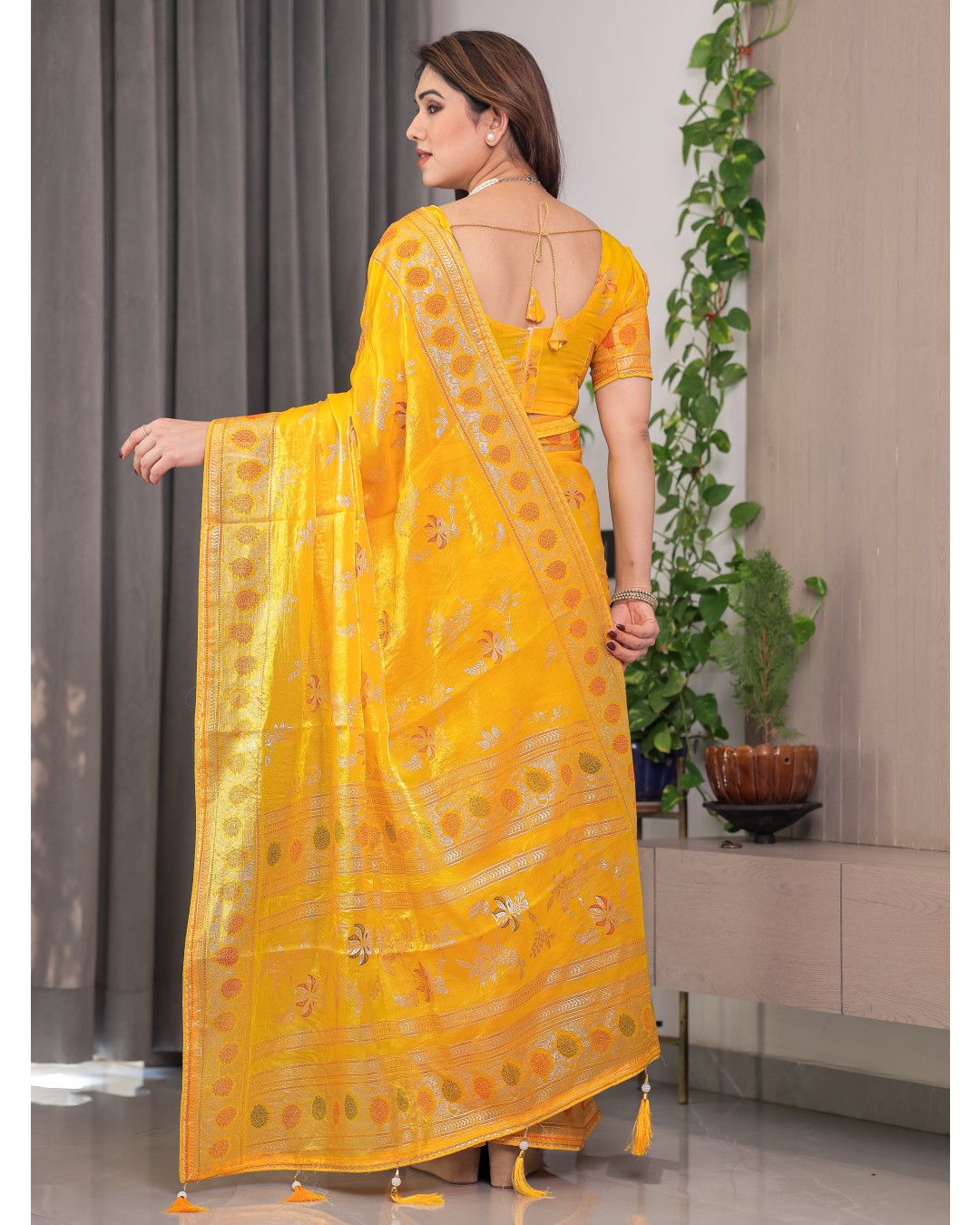 Fendi Satin Block & Foil Print Saree with Floral Motifs, Attached Blouse & Tassel Pallu (Pack of 1)