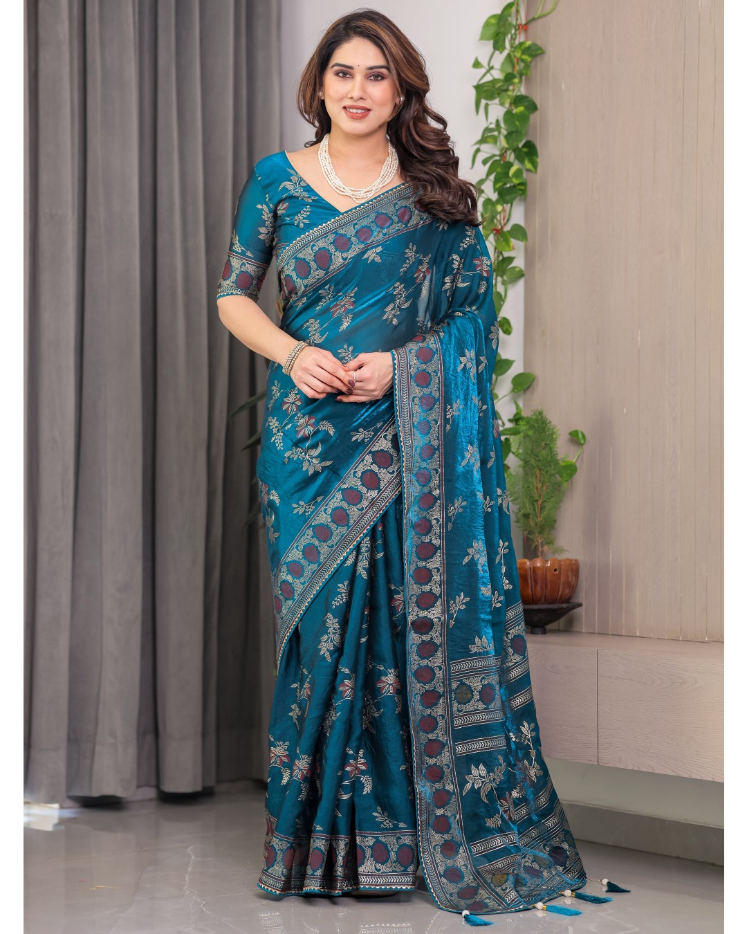 Fendi Satin Block & Foil Print Saree with Floral Motifs, Attached Blouse & Tassel Pallu (Pack of 1)