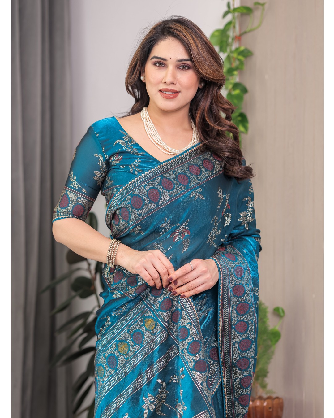 Fendi Satin Block & Foil Print Saree with Floral Motifs, Attached Blouse & Tassel Pallu (Pack of 1)