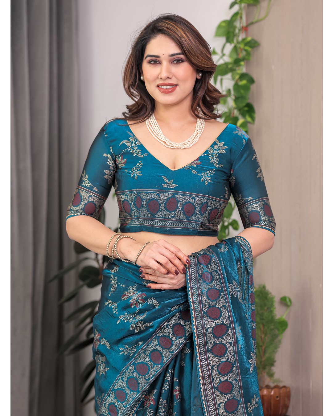 Fendi Satin Block & Foil Print Saree with Floral Motifs, Attached Blouse & Tassel Pallu (Pack of 1)